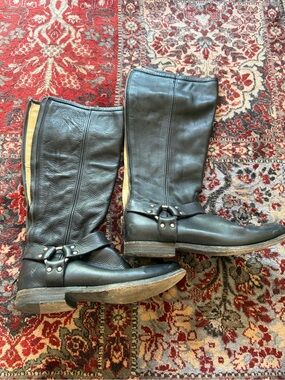 Frye Black Leather Harness Mid-Calf Boots